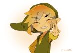 1boy artist_name blonde_hair closed_eyes commentary commentary_request green_headwear grin link looking_at_viewer male_focus pointy_ears smile the_legend_of_zelda the_legend_of_zelda:_the_wind_waker tokuura toon_link v v-shaped_eyebrows white_background 