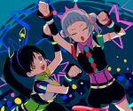  2girls :o arashi_chisato armlet black_hair black_shirt black_shorts black_sleeves blush clenched_hands closed_eyes coldcat. colorful cowboy_shot cropped_shirt detached_sleeves dot_nose double_bun dutch_angle flat_color forehead green_shirt hair_bun hands_up hazuki_ren high_ponytail highres long_hair love_live! love_live!_superstar!! lower_teeth_only multicolored_background multiple_girls open_mouth outstretched_arm rectangular_mouth shirt short_bangs shorts sleeveless sleeveless_shirt smile teeth v-shaped_eyebrows white_hair yellow_eyes 