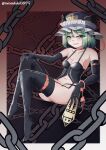  1girl bare_shoulders black_gloves blush bondage_outfit chain cuffs dominatrix elbow_gloves frilled_hat frills gloves green_hair handcuffs hat highres holding leather leather_gloves navel onkona_minazuki rod_of_remorse shiki_eiki smile solo thighhighs touhou 