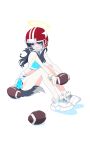  1girl absurdres american_football_helmet ball blue_archive blue_shirt blue_skirt cropped_shirt dog_tail english_commentary gloves halo helmet hibiki_(blue_archive) hibiki_(cheer_squad)_(blue_archive) highres millennium_cheerleader_outfit_(blue_archive) rugby_ball shirt shoes simple_background sitting skirt sleeveless sleeveless_shirt sneakers solo tail white_background white_footwear white_gloves xity yellow_halo 