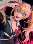  1girl @_@ arm_up bear_hair_ornament blonde_hair blood blood_on_clothes blood_on_face blood_splatter blue_eyes bow breasts cleavage collarbone danganronpa:_trigger_happy_havoc danganronpa_(series) enoshima_junko fangs hair_ornament highres large_breasts long_hair looking_at_viewer momotamago nail_polish necktie red_bow red_nails shirt smile solo twintails 