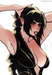  absurdres arm_up armpit_focus armpit_stubble armpits arms_up baldur&#039;s_gate baldur&#039;s_gate_3 black_hair black_shirt blush breasts center_opening cleavage_cutout clothing_cutout dungeons_and_dragons fingernails green_eyes hair_tie hair_tie_in_mouth highres large_breasts long_fingernails long_hair mole mole_on_breast mouth_hold nnerocchi no_bra pointy_ears scar scar_on_face shadowheart_(baldur&#039;s_gate) shirt sleeveless sweat sweatdrop tying_hair very_long_hair 