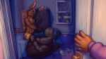  anthro athletic athletic_anthro athletic_male balls bedroom big_balls big_feet big_penis brown_body brown_fur building claws clothing cock_vore digital_media_(artwork) dragon feet first_person_view fur genitals group hair hi_res huge_balls huge_penis hyper hyper_balls hyper_genitalia hyper_penis inside_balls inside_penis kyprios lagomorph leporid male mammal night nommz nommz_(character) nude paws penile penis rabbit solo_focus tail toe_claws toes urethral_bulge vore window 