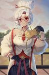  1girl absurdres black_gloves blue_sky blush cloud cloudy_sky doiparuni glasses gloves hair_bun hair_ornament hair_stick highres looking_at_viewer outdoors purah red-framed_eyewear red_eyes round_eyewear shadow sky smile solo the_legend_of_zelda the_legend_of_zelda:_tears_of_the_kingdom tree white_hair 