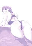  1girl absurdres ass competition_swimsuit from_behind highleg highleg_swimsuit highres long_hair looking_back macosee monochrome one-piece_swimsuit original partially_submerged puckered_lips purple_theme solo swimsuit water 