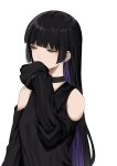  1girl absurdres black_choker black_dress black_hair blunt_bangs bocchi_the_rock! choker clothing_cutout colored_inner_hair dress ear_piercing green_eyes highres hime_cut ibuki_(ibuki0118) long_hair long_sleeves looking_to_the_side multicolored_hair pa-san piercing purple_hair shoulder_cutout simple_background sleeves_past_fingers sleeves_past_wrists solo 