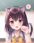  1girl animal_ears blurry blurry_background blush bow bowtie brown_eyes brown_hair cat_ears cat_tail chalkboard classroom collarbone commentary_request fang hair_ornament hairpin indoors looking_at_viewer medium_hair nemuri_nemu open_mouth original paw_pose solo spoken_paw tail upper_body vest wing_collar yellow_bow yellow_bowtie 