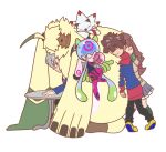  ahoge angoramon annoyed anthro bandai_namco brown_hair chicostyx clothing digimon digimon_(species) embrace female fur furniture gammamon grey_hair group group_hug hair hiro_amanokawa hoodie hug human humanoid jellymon kiyoshiro_higashimitarai lagomorph leporid male mammal rabbit ruri_tsukiyono scalie table topwear yellow_body yellow_fur 