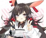  1girl :p animal_ears april_(arknights) arknights artist_name black_hair bracelet closed_mouth commentary_request double_v ear_tag fingerless_gloves gloves grey_eyes infection_monitor_(arknights) itsuki_02 jewelry long_hair long_sleeves looking_at_viewer rabbit_ears rabbit_girl shirt single_glove solo tongue tongue_out twitter_username upper_body v white_shirt 