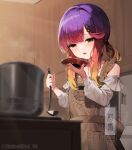  1girl apron blush brown_apron character_name commentary_request cooking_pot dress gradient_hair highres holding holding_ladle indoors kantai_collection ladle long_hair long_sleeves multicolored_hair open_mouth purple_hair simple_background solo tsushima_(kancolle) twitter_username unidentified_nk white_dress yellow_eyes 