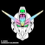  black_background character_name commentary english_text glowing green_eyes gundam gundam_calibarn gundam_suisei_no_majo head_only highres looking_at_viewer mecha no_humans robot solo v-fin xiphias_(mmi-m15e) 