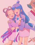  2girls :d absurdres ace_attorney bead_necklace beads blue_hair blunt_bangs blush brown_hair closed_eyes cousins feet_out_of_frame fingernails hair_rings hand_on_another&#039;s_shoulder hand_on_another&#039;s_waist haori highres hug jacket japanese_clothes jewelry kimono long_hair low-tied_long_hair low_tied_sidelocks magatama maya_fey multiple_girls necklace open_mouth ouse_(otussger) parted_bangs pearl_fey pink_background purple_jacket purple_sash ribbon sash short_hair short_kimono simple_background smile topknot very_long_hair waist_sash white_kimono wrist_ribbon 