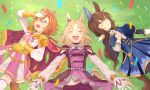  3girls admire_vega_(umamusume) animal_ears armor black_shirt blue_skirt blush bow bowtie breasts brooch brown_eyes brown_hair cape clenched_hand closed_eyes closed_mouth confetti corset ear_bar fingerless_gloves gloves grass highres horse_ears horse_girl horse_tail jacket jewelry long_hair long_sleeves lying multiple_girls narita_top_road_(umamusume) necktie on_back one_eye_closed open_mouth orange_hair outdoors purple_eyes purple_jacket purple_shorts ring rio_(rio_067) shading_eyes shirt short_hair shorts shoulder_armor skirt small_breasts smile sparkle sweat t.m._opera_o_(umamusume) tail teeth thighhighs umamusume umamusume:_road_to_the_top upper_teeth_only white_gloves white_necktie white_shirt white_thighhighs 