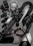  1girl albino ammunition_belt belt black_thighhighs blunt_bangs breasts closed_mouth female_pubic_hair frilled_hairband frills garter_straps grey_background gun hairband highres huge_weapon jittsu large_breasts long_hair looking_to_the_side mechanical_parts navel neck_ribbon nipples nude original pointy_ears pubic_hair red_eyes red_nails ribbon simple_background solo thighhighs weapon white_hair white_headdress 