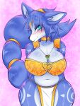  anthro big_breasts blue_body blue_fur blue_hair blush breasts canid canine cleavage clothed clothing female fur hair hi_res krystal looking_at_viewer mammal nintendo pukemilked skullwife smile solo star_fox white_body white_fur 