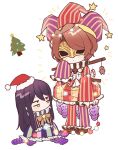  2boys :&lt; black_hair candy candy_cane chibi christmas_lights christmas_tree closed_mouth commentary_request dot_nose dress emma_(library_of_ruina) extra_eyes eye_mask food frilled_dress frilled_skirt frilled_sleeves frills gingerbread_man hat highres jester_cap library_of_ruina long_hair long_sleeves male_focus multicolored_clothes multicolored_pants multicolored_skirt multiple_boys neck_ruff noah_(project_moon) project_moon purple_dress red_headwear red_shirt santa_hat shirt short_hair simple_background skirt star_(symbol) striped striped_dress striped_headwear striped_skirt vertical-striped_dress vertical-striped_headwear vertical-striped_skirt vertical_stripes white_background y_o_u_k_a 