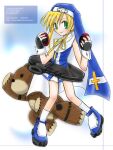  blonde_hair blue_dress bridget_(guilty_gear) cuffs dress fingerless_gloves gloves green_eyes guilty_gear guilty_gear_x habit handcuffs kinomin nun ribbon short_hair_with_long_locks standing standing_on_one_leg stuffed_animal stuffed_toy teddy_bear wrist_cuffs yellow_ribbon yo-yo 