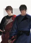  2boys absurdres adventurer_(ff14) ardbert_hylfyst armor blue_eyes brown_hair cowboy_shot facial_hair final_fantasy final_fantasy_xiv highres holding holding_weapon hyur looking_at_viewer male_focus multiple_boys short_hair shuangbatian stubble warrior_of_light_(ff14) weapon 