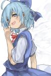  1girl ahoge blue_bow blue_dress blue_eyes blue_hair bow cirno dress fairy hair_bow highres ice ice_wings open_mouth pocche-ex red_ribbon ribbon shirt short_hair short_sleeves simple_background solo touhou upper_body white_background white_shirt wings 