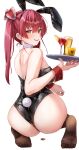  1girl absurdres alcohol animal_ears ass back bare_shoulders black_leotard blush bow bowtie breasts coin commentary_request cup detached_collar drink drinking_glass fake_animal_ears fake_tail feet food from_behind fruit gold_coin hair_between_eyes heterochromia highres holding holding_coin holding_tray hololive houshou_marine iroha_(unyun) large_breasts leotard long_hair looking_at_viewer looking_back median_furrow no_shoes open_mouth playboy_bunny rabbit_ears rabbit_tail red_bow red_bowtie red_eyes red_hair smile soles solo strapless strapless_leotard tail toes transparent_background tray twintails virtual_youtuber wrist_cuffs yellow_eyes 