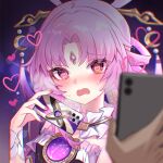  1girl bare_shoulders blush bow-shaped_hair cellphone dress embarrassed fingernails forehead_jewel fu_xuan_(honkai:_star_rail) hair_ornament hair_stick heart heart-shaped_pupils highres holding holding_phone honkai:_star_rail honkai_(series) hypnosis jewelry long_hair looking_at_viewer low_twintails mind_control open_mouth parted_bangs phone pink_hair pink_nails pink_tassel pov pov_hands smartphone solo_focus sweat symbol-shaped_pupils tassel tassel_hair_ornament twintails upper_body very_long_hair xiao_xiao_chuan yellow_eyes 