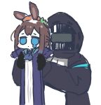  1girl 1other amiya_(arknights) animal_ears arknights ascot blue_ascot blue_eyes brown_hair carrot chibi doctor_(arknights) dot_mouth food food_on_head lifting_person longcat_(meme) meme object_on_head rabbit_ears simple_background solid_circle_eyes sukima_(crie) teardrop white_background 