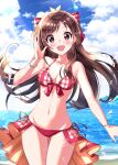  1girl antenna_hair bare_shoulders beach bikini blush bracelet breasts brown_hair cleavage cloud cloudy_sky collarbone cowboy_shot day dot_nose front-tie_bikini_top front-tie_top hair_ornament hair_ribbon hairclip hand_up highres idolmaster idolmaster_cinderella_girls idolmaster_cinderella_girls_starlight_stage jewelry lens_flare long_hair looking_at_viewer medium_breasts navel ocean open_hand open_mouth outdoors overskirt plaid plaid_bikini plaid_ribbon red_bikini red_eyes red_ribbon ribbon side-tie_bikini_bottom sky smile solo splashing standing sutoroa swimsuit tsujino_akari 