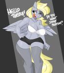  absurd_res anthro anthrofied big_breasts blonde_hair bottomwear breasts clothed clothing derpy_hooves_(mlp) dialogue english_text equid equine eyelashes female flutterthrash friendship_is_magic grey_body hair hand_on_hip hand_on_own_hip hasbro hi_res legwear long_hair mammal midriff my_little_pony open_mouth pegasus portrait shorts solo tail teeth text thigh_highs three-quarter_portrait tongue topwear wide_hips wings yellow_eyes yellow_tail 