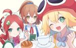  3girls ahoge amitie_(puyopuyo) andou_ringo apron arle_nadja blonde_hair blue_apron blush bread brown_eyes brown_hair cup dot_nose drill_hair food green_eyes hair_between_eyes highres holding holding_notepad holding_pen holding_plate kashima_miyako maid_headdress multiple_girls neckerchief notepad open_mouth pen plate ponytail purple_neckerchief puyopuyo puyopuyo_7 puyopuyo_fever red_hair red_headwear red_ribbon ribbon scrunchie shirt short_hair simple_background smile teacup twin_drills white_background white_shirt 