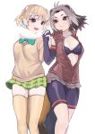  2girls :d a888_n22 ahoge american_beaver_(kemono_friends) animal_ears arm_behind_back bare_shoulders beaver_ears beaver_tail bike_shorts bike_shorts_under_shorts black-tailed_prairie_dog_(kemono_friends) black_hair blonde_hair bow bowtie bra breasts brown_eyes cleavage closed_mouth couple cutoffs detached_collar extra_ears eye_contact feet_out_of_frame fingerless_gloves fingernails floating_hair fur_collar gloves grey_hair hand_up highres holding_hands interlocked_fingers kemono_friends light_blush lips long_sleeves looking_at_another medium_breasts medium_hair microskirt multicolored_hair multiple_girls open_mouth plaid plaid_skirt short_shorts shorts shorts_under_shorts side-by-side simple_background skindentation skirt sleeves_past_wrists smile standing stomach sweater tail thighhighs torn_clothes torn_sleeves underwear vest white_background white_hair yuri zettai_ryouiki 