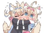  2girls animal_ear_fluff animal_ears bandaid_hair_ornament black_jacket blonde_hair blue_eyes blue_hair blue_hairband chibi closed_eyes collar crossed_bangs dog_ears dog_girl dog_tail double-parted_bangs fake_horns fang fur-trimmed_jacket fur_trim fuwawa_abyssgard hair_between_eyes hair_intakes hair_ornament hairband hairclip highres hololive hololive_english horns jacket kukie-nyan long_hair mococo_abyssgard multicolored_hair multiple_girls open_mouth pink_hair pink_hairband short_hair siblings sisters streaked_hair tail twins two_side_up virtual_youtuber white_background x_hair_ornament 