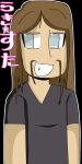  1boy 2007 :3 :d adult_swim black_background blue_eyes brown_hair dethklok fang grey_shirt highres long_hair lucky_star male_focus metalocalypse out_of_frame shirt short_sleeves smile solo t-shirt teeth toki_wartooth v-neck 