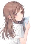  1girl brown_eyes brown_hair closed_mouth collared_shirt commentary_request from_behind hand_up highres holding looking_at_viewer looking_back midorikawa_you original shirt short_sleeves simple_background smile solo upper_body white_background white_shirt 