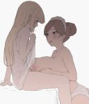  2girls arm_support blonde_hair blush breasts brown_eyes brown_hair cum cum_on_body cum_on_breasts eye_contact from_side futa_with_female futanari futanari-sama_(mdf_an) hair_bun hair_bun_maid_(mdf_an) huge_breasts lace lace_panties lifted_by_self long_hair looking_at_another maid_headdress mdf_an multiple_girls nightgown nightgown_lift nipples open_mouth original paizuri panties short_hair simple_background single_hair_bun sitting sweat underwear white_background white_nightgown white_panties 