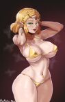  1girl absurdres aestheticc-meme arms_up bikini blonde_hair braid breasts circlet crown_braid earrings elf gold_bikini gradient_background green_eyes hair_ornament hands_in_hair highres jewelry large_breasts looking_at_viewer micro_bikini navel navel_piercing parted_lips piercing pointy_ears princess_zelda red_background red_lips short_hair solo steaming_body stomach strap_gap sweat swimsuit the_legend_of_zelda the_legend_of_zelda:_tears_of_the_kingdom wide_hips 