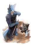  absurd_res anthro asleepchef blue_body blue_eyes bodily_fluids canid canine canis hair hi_res kendo kendo_men_mask looking_at_viewer male mammal martial_arts_uniform mask melee_weapon multicolored_body muscular smile smiling_at_viewer solo sports_mask sportswear sweat tail weapon wolf 