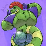  2023 alligator alligatorid anthro back_muscles barazoku beetleartz belt biceps big_butt bottomwear bracelet butt clothed clothing crocodilian digital_media_(artwork) fingerless_gloves five_nights_at_freddy&#039;s five_nights_at_freddy&#039;s:_security_breach gloves green_body green_scales hair handwear hi_res jewelry looking_at_viewer looking_back looking_back_at_viewer male mohawk montgomery_gator_(fnaf) muscular muscular_anthro muscular_male pants rear_view red_eyes red_hair red_mohawk reptile scales scalie scottgames smile solo spiked_bracelet spikes steel_wool_studios tail teeth topless 