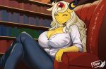  absurd_res ampharos anthro big_breasts blonde_hair bottomwear breasts clothing crossed_legs denim denim_clothing female female/female generation_2_pokemon hair hi_res jeans library long_hair mature_female nintendo pants pokemon pokemon_(species) sitting solo thyhsilverfeet 