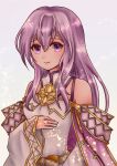  1girl bare_shoulders cape circlet dress fire_emblem fire_emblem:_genealogy_of_the_holy_war fire_emblem_heroes highres jewelry julia_(crusader_of_light)_(fire_emblem) julia_(fire_emblem) long_hair looking_at_viewer purple_cape purple_eyes purple_hair run_illust simple_background smile solo wide_sleeves 