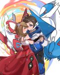  1boy 1girl black_gloves brendan_(pokemon) brendan_(sygna_suit)_(pokemon) brown_hair claws confetti dress earpiece gloves grey_eyes hand_on_another&#039;s_hip hetero highres holding_hands latias latios looking_at_another may_(anniversary_2022)_(pokemon) may_(pokemon) official_alternate_costume open_mouth pokemon pokemon_(creature) pokemon_(game) pokemon_masters_ex red_dress red_eyes smile sparkle whitecrow9522 wings yellow_eyes 