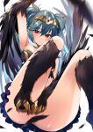  1girl bird_legs black_feathers black_wings blush breasts claws commentary_request covering covering_crotch feathers green_hair harpy highres indie_virtual_youtuber kasumi_komo lincoro monster_girl nipple_slip nipples no_panties parted_lips pointy_ears red_eyes short_hair short_twintails simple_background small_breasts solo talons tiara twintails virtual_youtuber white_background winged_arms wings 