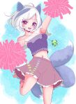  1girl ajtajt595 animal_ears arm_up blue_background cheerleader commentary_request dog_ears dog_tail highres holding holding_pom_poms jewelry leg_up looking_at_viewer mitsugashira_enoko multicolored_hair multiple_tails navel open_mouth pendant pom_pom_(cheerleading) purple_hair purple_shirt red_eyes shirt short_hair skirt smile solo streaked_hair tail touhou v-shaped_eyebrows white_hair 