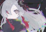  1girl black_background black_coat black_flower coat expressionless faoru_ofuton floating_hair flower glitch grey_eyes grey_hair hair_flower hair_ornament hair_over_one_eye heterochromia highres isekai_joucho kamitsubaki_studio long_hair looking_at_viewer multicolored_hair red_eyes red_hair sketch solo two-tone_hair upper_body virtual_youtuber 