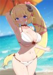  1girl arm_behind_head armpits beach beach_umbrella bikini blonde_hair blue_eyes blue_hair blurry blurry_background blush bow breasts cleavage closed_mouth collarbone cowboy_shot day hair_ribbon highres hololive horns kani_bonara large_breasts long_hair looking_at_viewer multicolored_hair navel ocean orange_umbrella outdoors pink_hair pink_ribbon ponytail red_bow ribbon sand sheep_girl sheep_horns smile solo streaked_hair sweat swimsuit tsunomaki_watame umbrella very_long_hair virtual_youtuber water white_bikini 