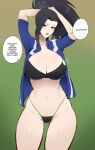  1girl ass_visible_through_thighs black_bra black_eyes black_hair black_panties boku_no_hero_academia bra breasts cleavage english_text green_background groin jacket kisou_(kisou00) large_breasts looking_at_viewer navel open_clothes open_jacket open_mouth paid_reward_available panties ponytail solo speech_bubble stomach thighs thong tying_hair u.a._gym_uniform underwear yaoyorozu_momo 