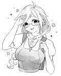  1girl abigail_dovely ahoge braid breasts buttons collared_shirt commission cross cross_necklace dress freckles glasses greyscale hand_up highres hopetokki indie_virtual_youtuber jewelry long_hair monochrome necklace parted_lips pinafore_dress shirt sketch sleeveless sleeveless_dress solo sparkle upper_body vgen_commission virtual_youtuber 