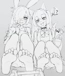  1other 2girls absurdres animal_ears barefoot blush bow bowtie breasts choker embarrassed eyelashes fang feet foot_focus foreshortening frilled_sleeves frills full_body greyscale hair_over_one_eye hand_up highres holding jewelry k-rha&#039;s knees_up long_sleeves measuring monochrome multiple_girls nail_polish open_mouth original pov rabbit_ears ring ringed_eyes shoes shoes_removed sidelocks sitting sketch slit_pupils soles sweatdrop tail tape_measure toes 