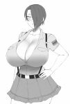  1girl alternate_costume aoshidan_school_uniform belt blush breasts buttons cleavage girls_und_panzer greyscale hair_over_one_eye hand_on_own_hip highres huge_breasts monochrome original saya_(twrlare) school_uniform short_hair shoulder_patches skirt smile suspenders twrlare 