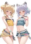  2girls absurdres alternate_costume animal_ears bai_(granblue_fantasy) belt black_belt blonde_hair breasts double_bun erune flower granblue_fantasy green_shirt grey_hair hair_bun hair_flower hair_ornament highres huang_(granblue_fantasy) kimblee looking_at_viewer midriff multiple_girls navel open_mouth pink_scrunchie red_eyes scrunchie shirt short_hair siblings simple_background small_breasts standing tail thighs tiger_ears tiger_girl tiger_tail twins white_background white_belt wrist_scrunchie yellow_shirt 