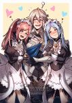  1boy 2girls arm_hug armor black_gloves blue_hair blush bridal_gauntlets corrin_(fire_emblem) corrin_(male)_(fire_emblem) double_arm_hug embarrassed fang felicia_(fire_emblem) fire_emblem fire_emblem_fates flora_(fire_emblem) flying_sweatdrops gloves grey_hair gzei harem heart heart-shaped_pupils highres maid maid_headdress multiple_girls pink_hair pointy_ears ponytail red_eyes smile symbol-shaped_pupils twintails 